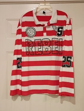 Red & White Stripe 'REBEL' Long Sleeve Polo Top